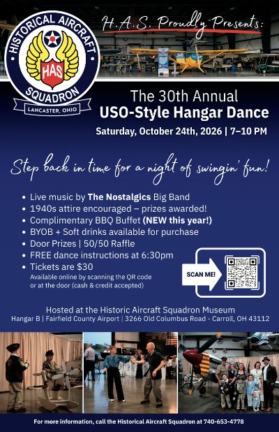 Poster for the 30th Annual USO-Style Hangar Dance, Saturday October 24, 2026, 7 to 10 PM, Hangar B, Fairfield County Airport