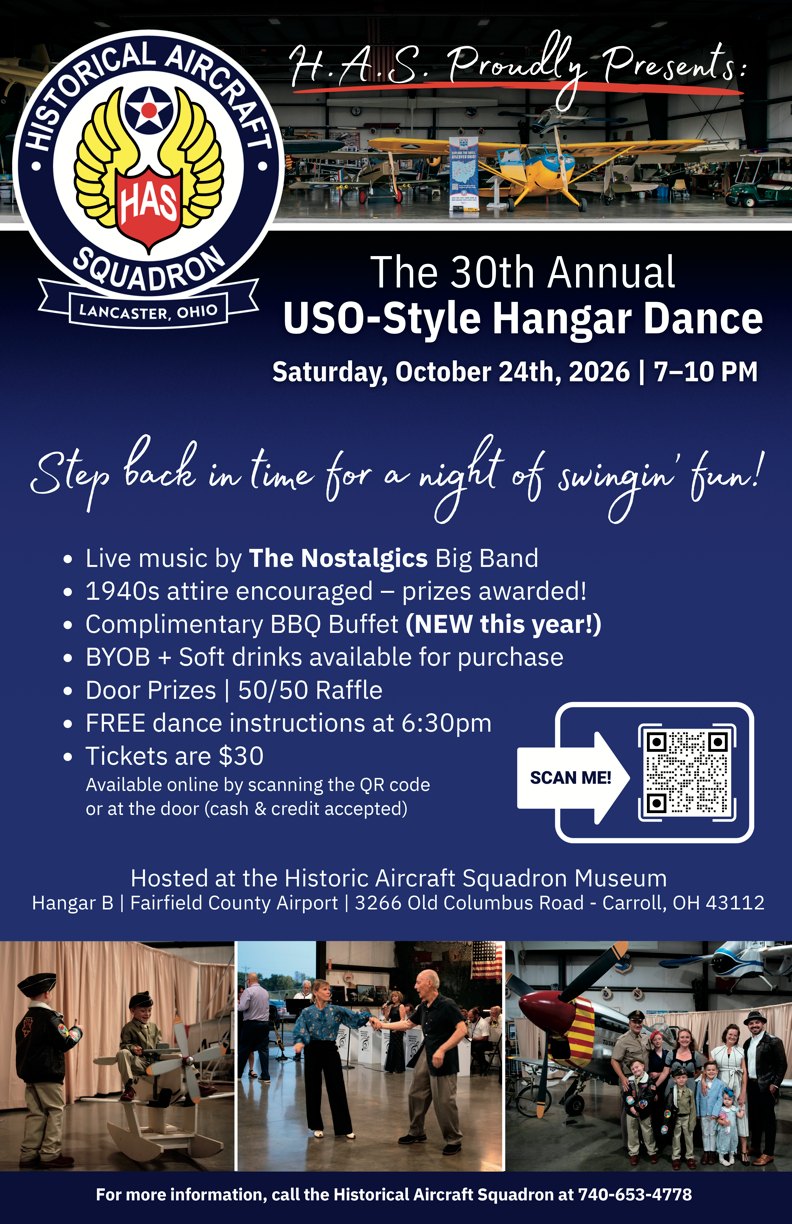 Poster for the 30th Annual USO-Style Hangar Dance on Saturday, October 24, 2026, 7 to 10 PM at Hangar B, Fairfield County Airport
