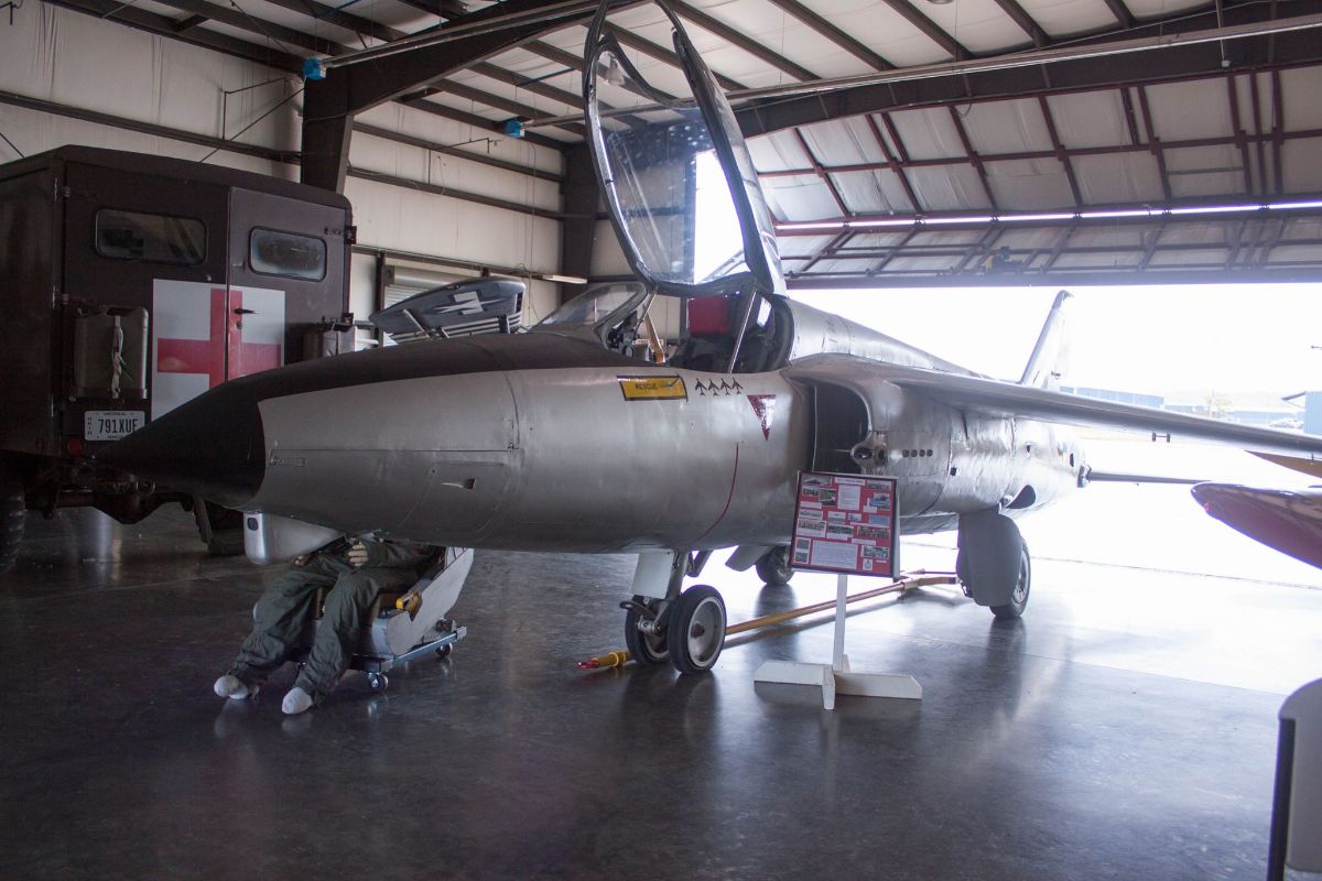 The Folland Gnat during restoration in the Squadron hangar